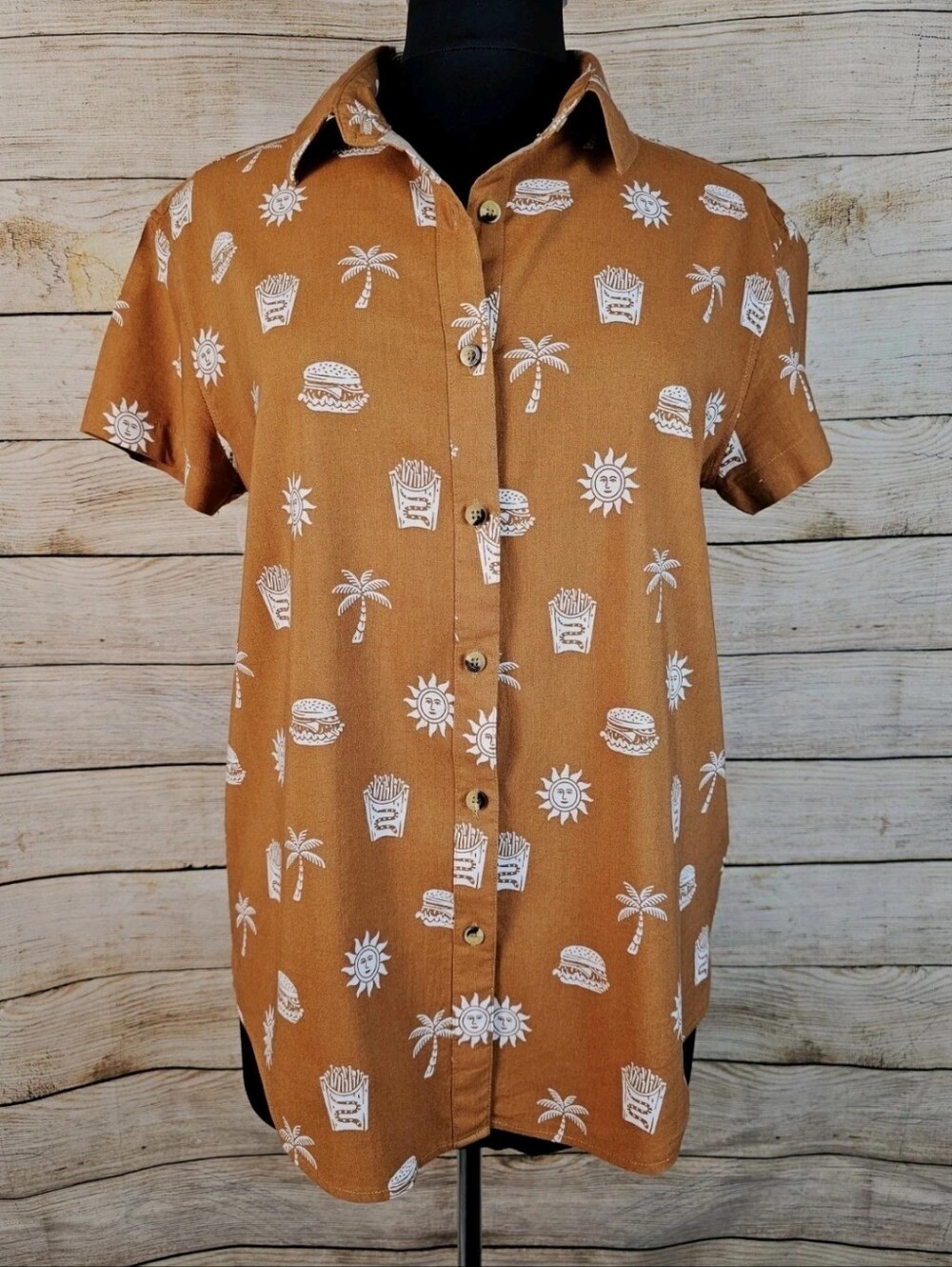 Pyknic Take It Greasy Women's Button Down Cotton Blend Short Sleeve Shirt Size L